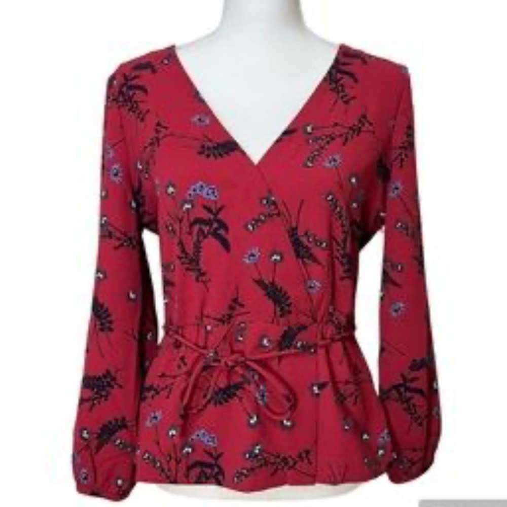 J.Crew red floral print Drapey Crepe Faux-wrap Top size small